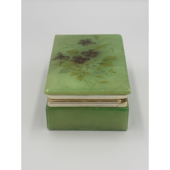 Vintage Green Alabaster Trinket Jewelry Vanity Box Hinged Floral 4.5" x 1.75" - Picture 7 of 16